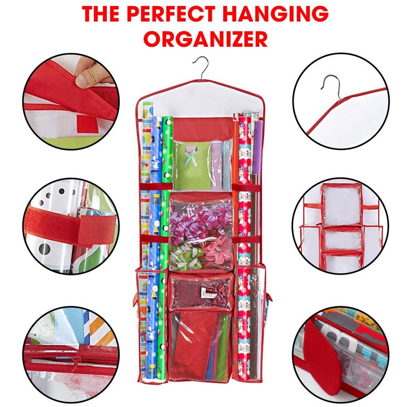 Primode Wrapping Paper Storage Hanging | Gift Wrap Organizer Double Sided | Pockets for Gift Bags, Ribbon, Bows and Accessories | 40â€x17â€ Fits 40 Inch Rolls | Clear PVC Bag (Red) - Image 3